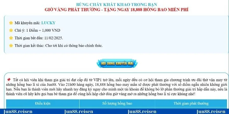 Khuyến mãi Jun88 giờ vàng phát thưởng hồng bao