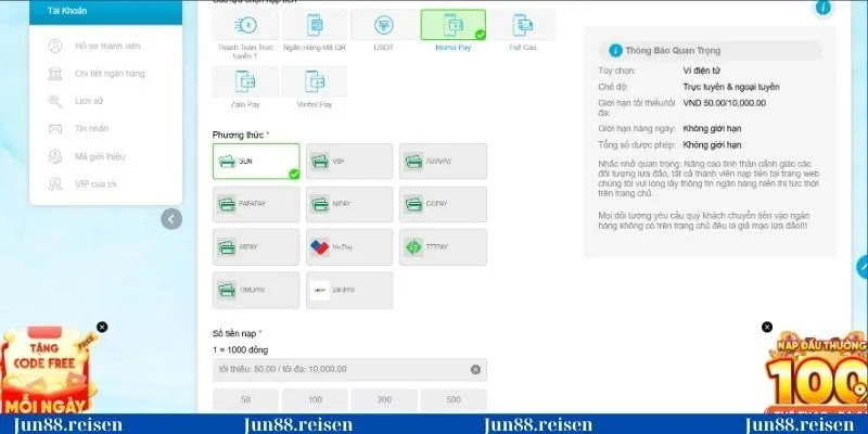 MoMo Pay là phương thức nạp được ưa chuộng tại Jun88 