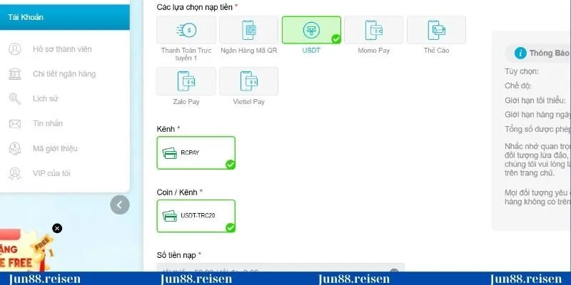 Nạp tiền Jun88 qua USDT cực kỳ đơn giản 