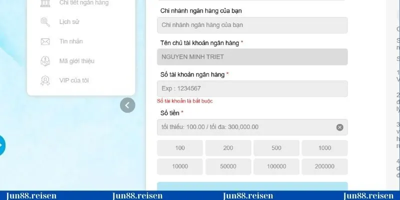 Tạo lệnh rút tiền theo biểu mẫu do Jun88 cung cấp 